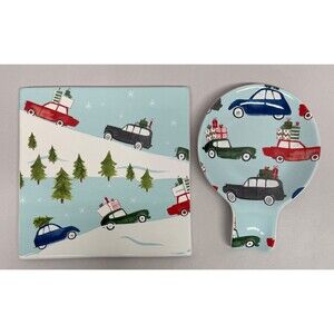 Crate and Barrel Christmas Kitchen Retro Cars Christmas Trees Trivet Spoon Rest